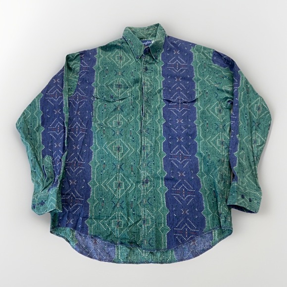 Wrangler Other - Vintage Wrangler Shirt Mens L Blue Green Striped Brushpopper Western Cowboy 90s